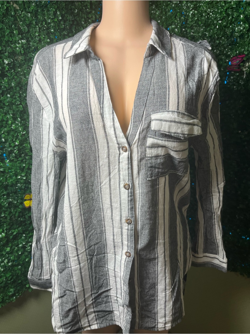 Women’s Gray and White Striped Button-Front Blouse